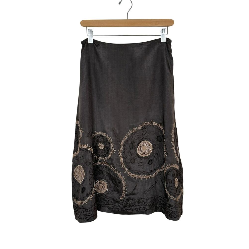 Vintage Chico's Embroidered Midi Skirt Size S 4-6 Brown Boho Chic Cutwork